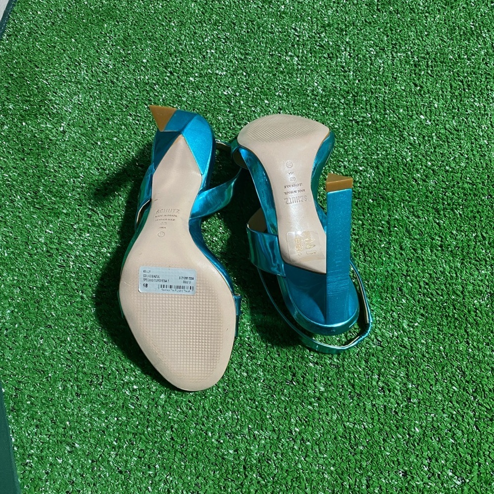 Schutz Kelly Sandal Blue Metallic Leather High Heel Strappy Shoes Size 6B X-17 - Picture 6 of 7